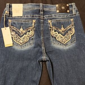 Miss Me Dark Blue Boot Cut Jeans with Beige Embroidered Pockets